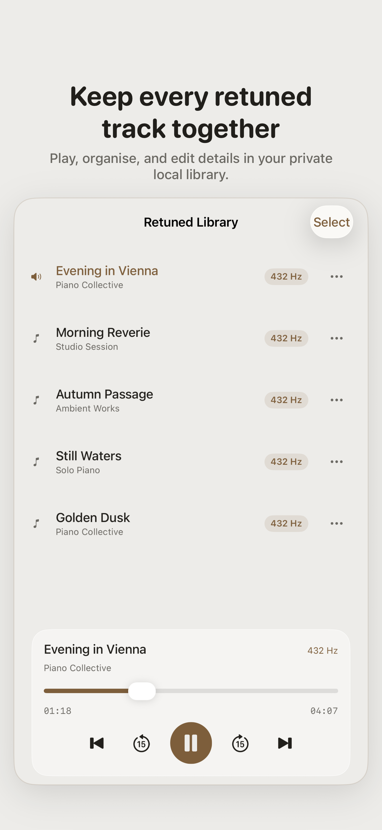 Private on-device library containing five retuned tracks with playback controls and a now-playing bar